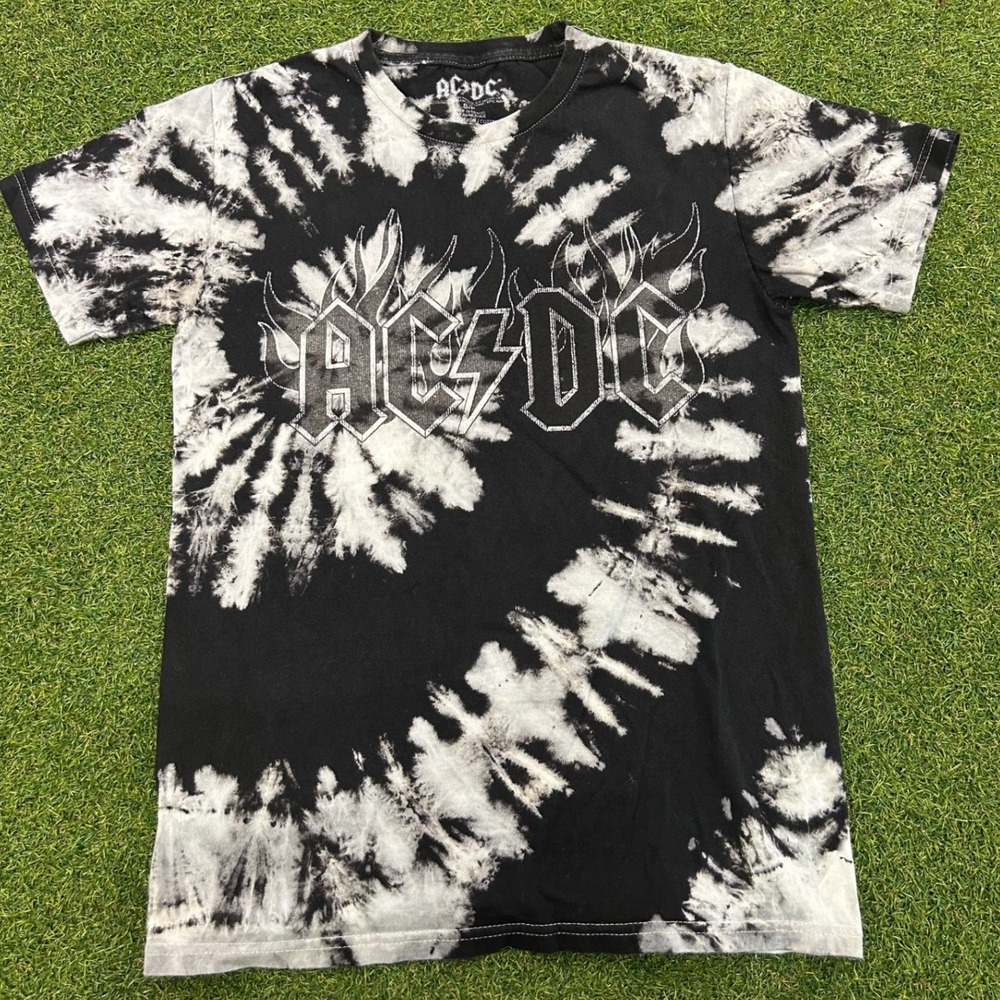AC/DC Band T-Shirt Small Black White Tie Dye Flame Logo Graphic Rock Tee